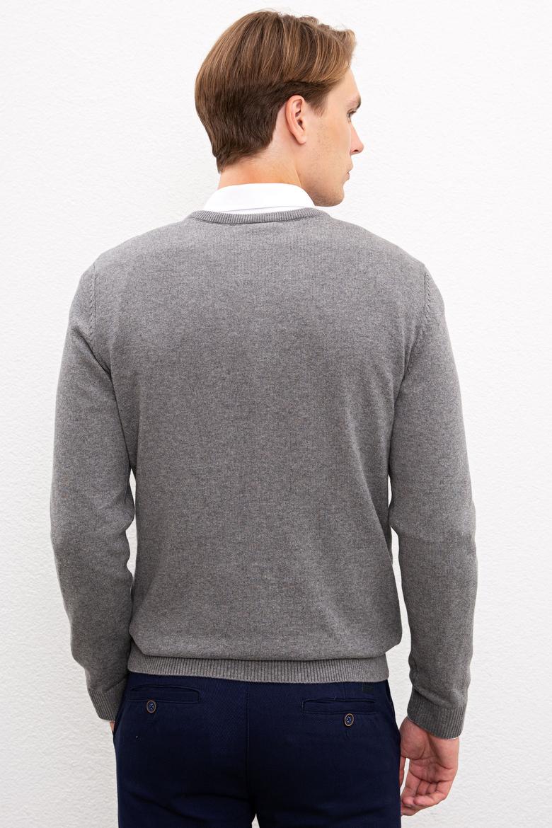 Erkek Gri Melanj V-Yaka Triko Kazak Basic - 50224890022