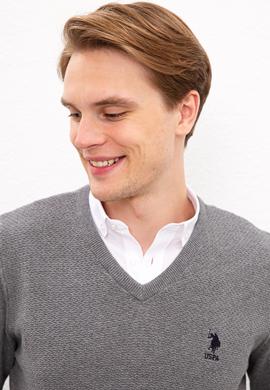 Erkek Gri Melanj V-Yaka Triko Kazak Basic - 50224890022