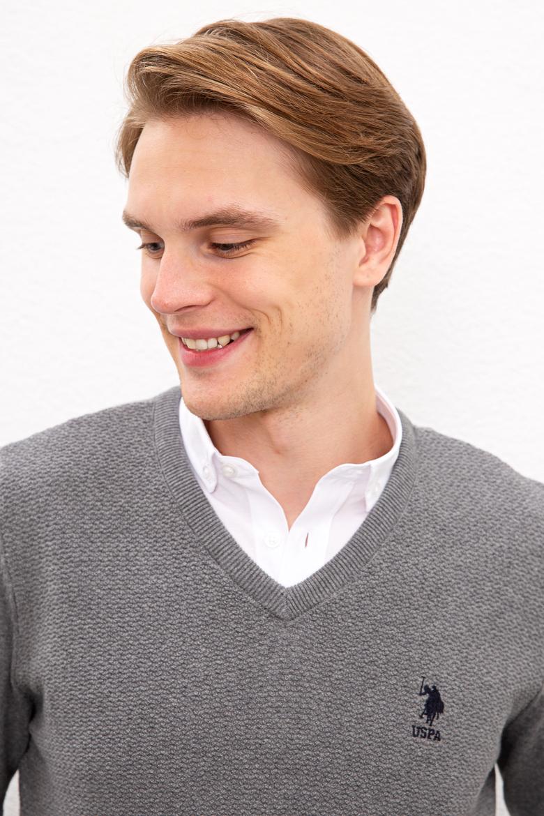 Erkek Gri Melanj V-Yaka Triko Kazak Basic - 50224890022