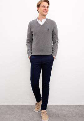 Erkek Gri Melanj V-Yaka Triko Kazak Basic - 50224890022