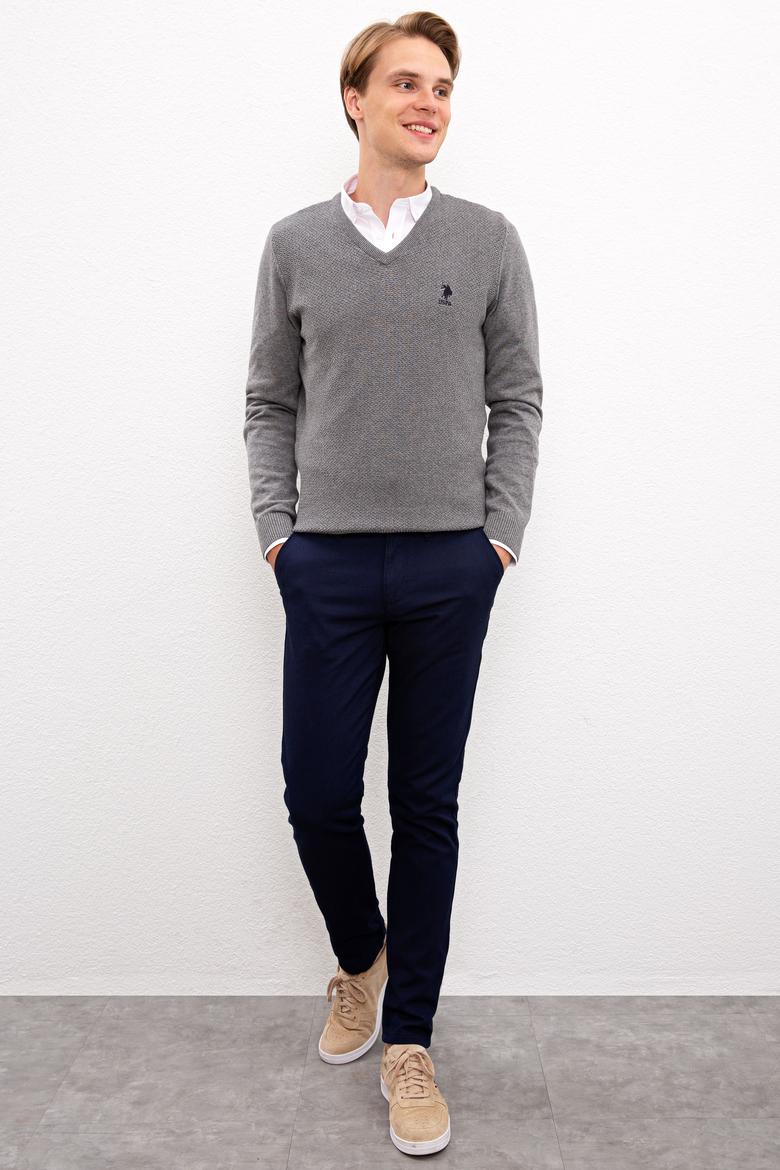 Erkek Gri Melanj V-Yaka Triko Kazak Basic - 50224890022