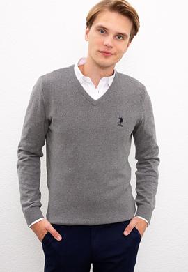 Erkek Gri Melanj V-Yaka Triko Kazak Basic - 50224890022