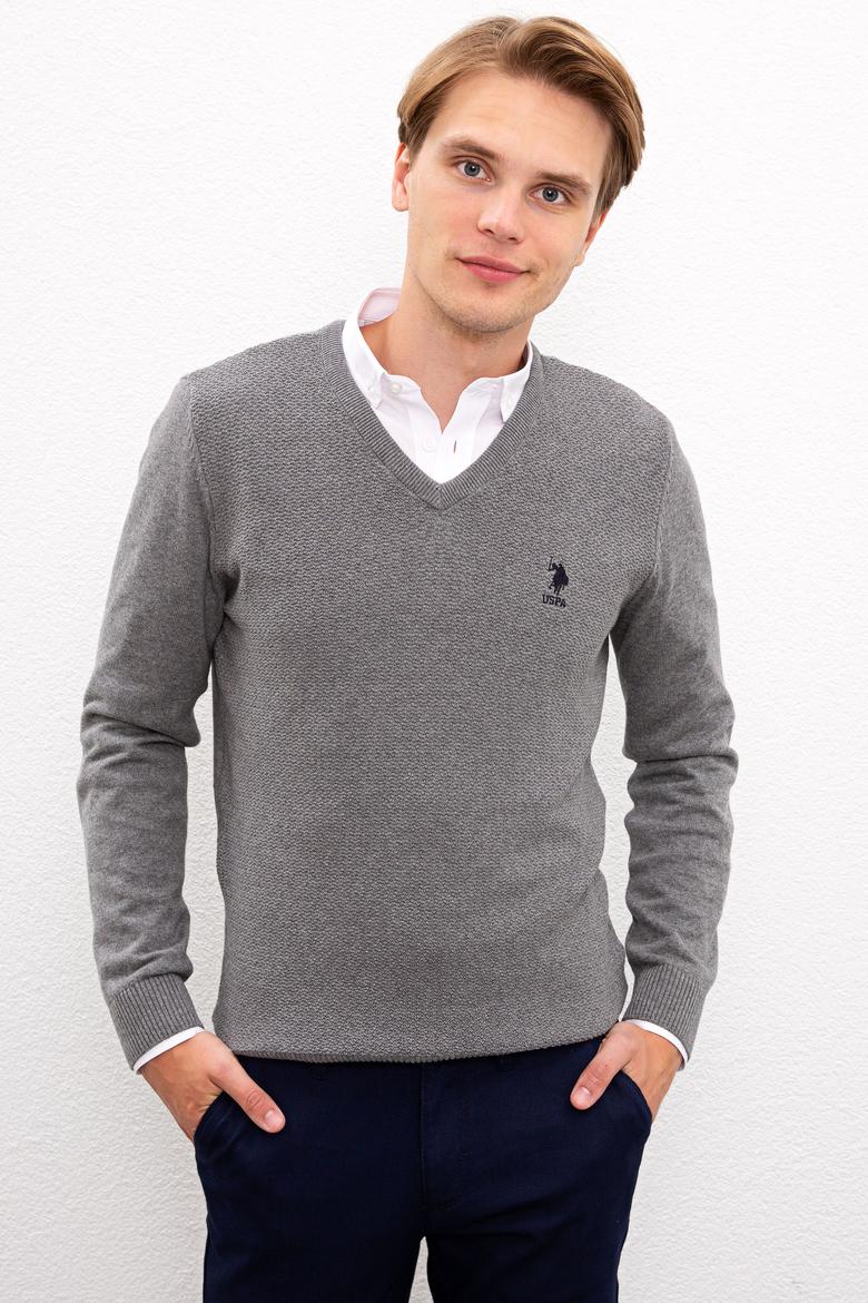 Erkek Gri Melanj V-Yaka Triko Kazak Basic