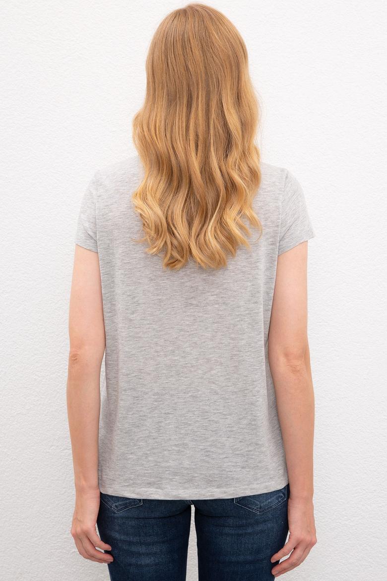 Kadın Gri Melanj Bisiklet Yaka T-Shirt - 50225789060