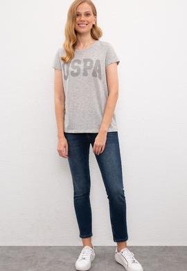 Kadın Gri Melanj Bisiklet Yaka T-Shirt - 50225789060