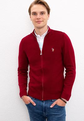 Erkek Bordo Dik Yaka Triko Hırka Basic - 50224884032