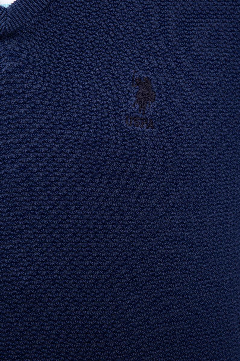 Erkek İndigo V-Yaka Triko Kazak Basic