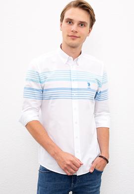 Erkek Turkuaz Mavi Yatay Çizgili Gömlek Uzunkol - 50219643022