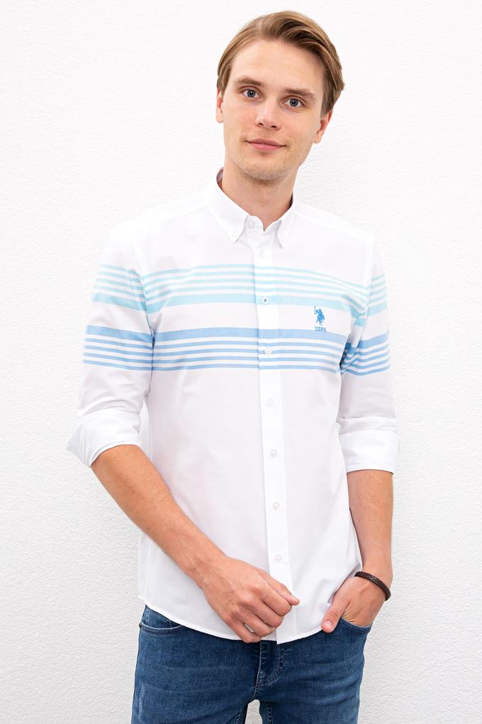 Erkek Turkuaz Mavi Yatay Çizgili Gömlek Uzunkol