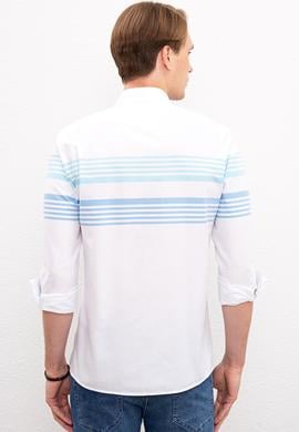 Erkek Turkuaz Mavi Yatay Çizgili Gömlek Uzunkol - 50219643022