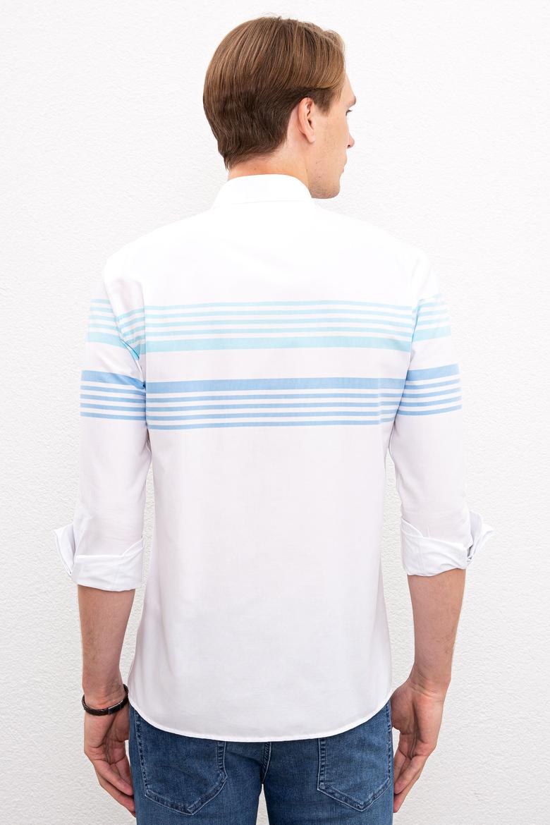 Erkek Turkuaz Mavi Yatay Çizgili Gömlek Uzunkol - 50219643022