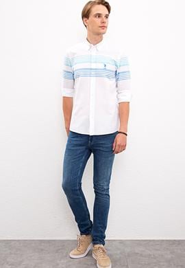 Erkek Turkuaz Mavi Yatay Çizgili Gömlek Uzunkol - 50219643022