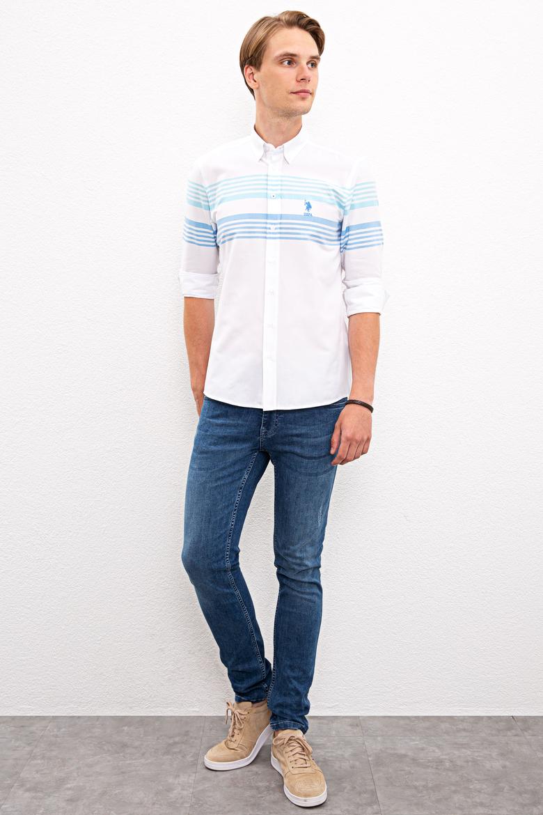 Erkek Turkuaz Mavi Yatay Çizgili Gömlek Uzunkol - 50219643022