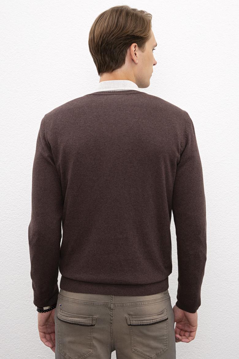 Erkek Kahverengi V-Yaka Triko Kazak Basic - 50206747038