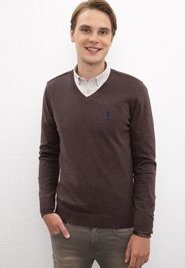 Erkek Kahverengi V-Yaka Triko Kazak Basic - 50206747038