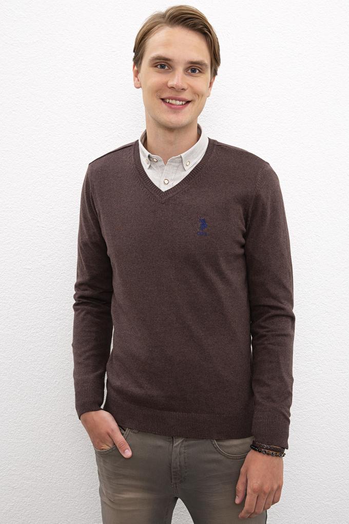 Erkek Kahverengi V-Yaka Triko Kazak Basic
