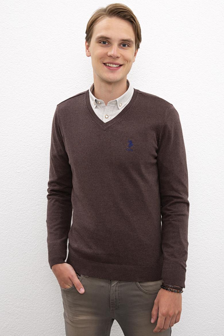 Erkek Kahverengi V-Yaka Triko Kazak Basic