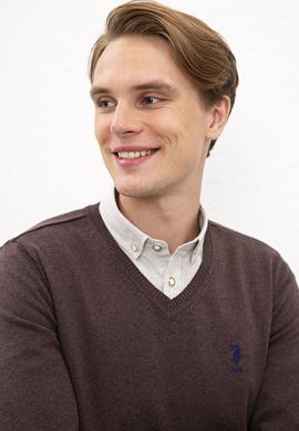 Erkek Kahverengi V-Yaka Triko Kazak Basic - 50206747038