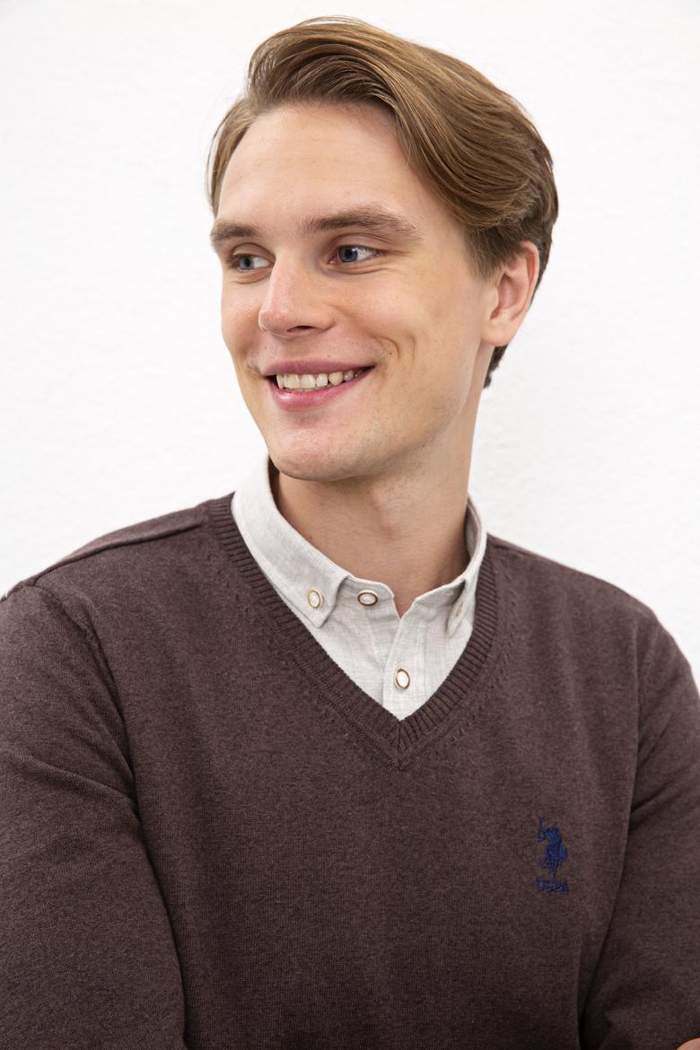 Erkek Kahverengi V-Yaka Triko Kazak Basic - 50206747038