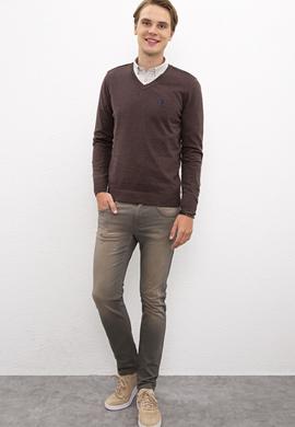 Erkek Kahverengi V-Yaka Triko Kazak Basic - 50206747038