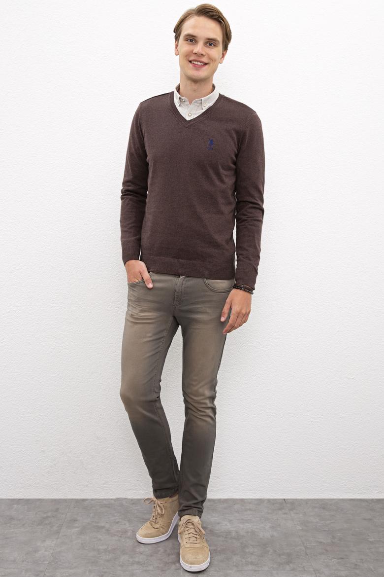 Erkek Kahverengi V-Yaka Triko Kazak Basic - 50206747038