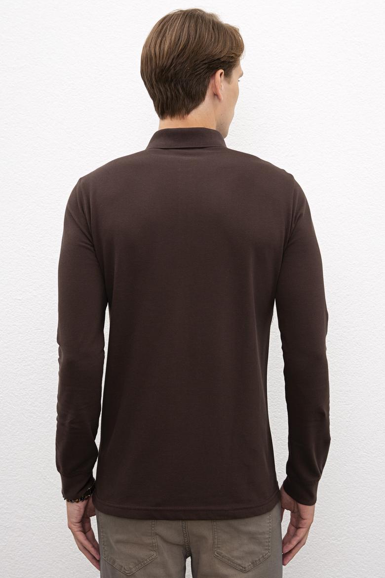 Erkek Koyu Kahverengi Polo Yaka Sweatshirt Basic - 50209199076
