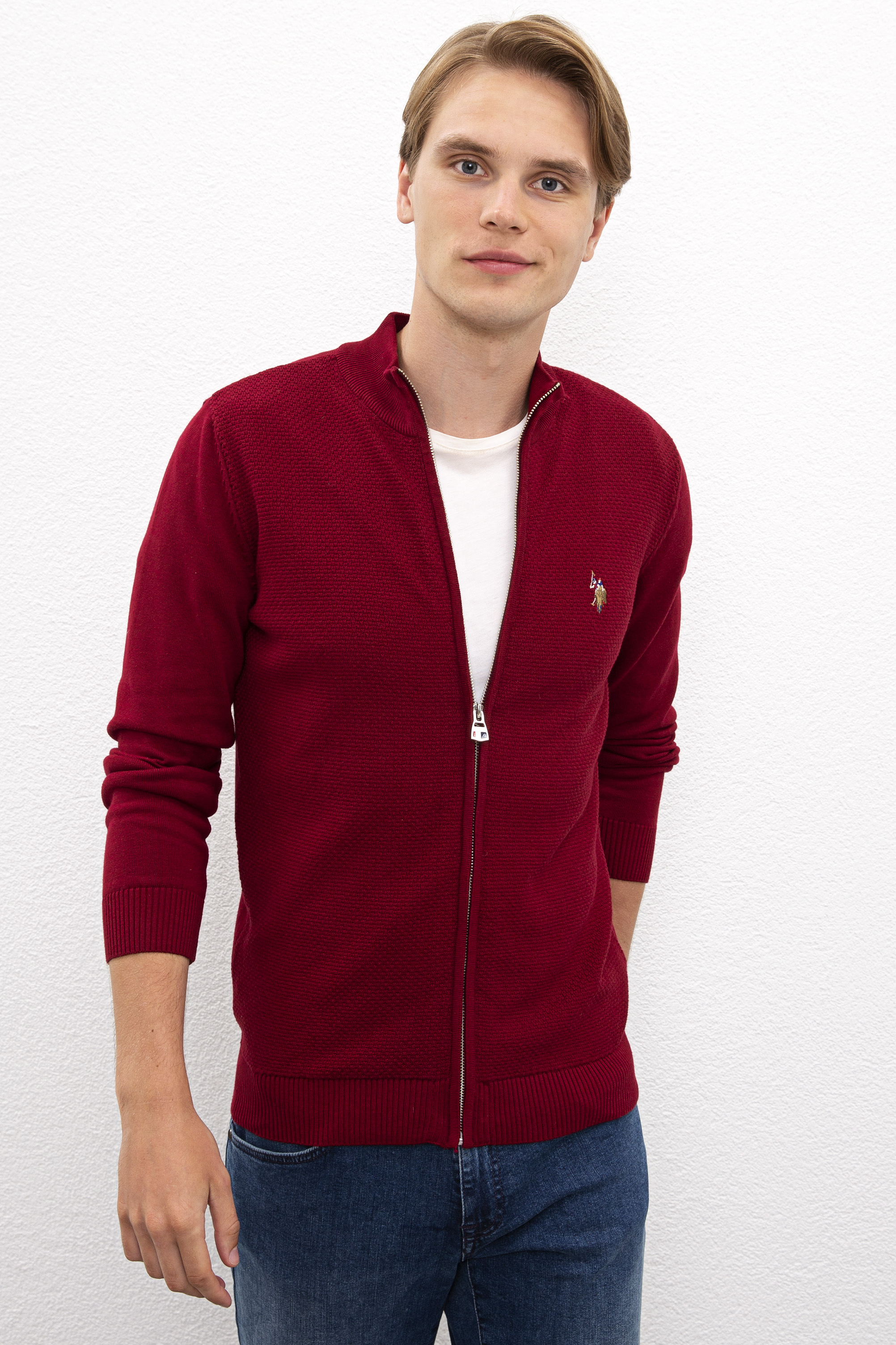 Erkek Bordo  Triko Hırka Basic - Image 1