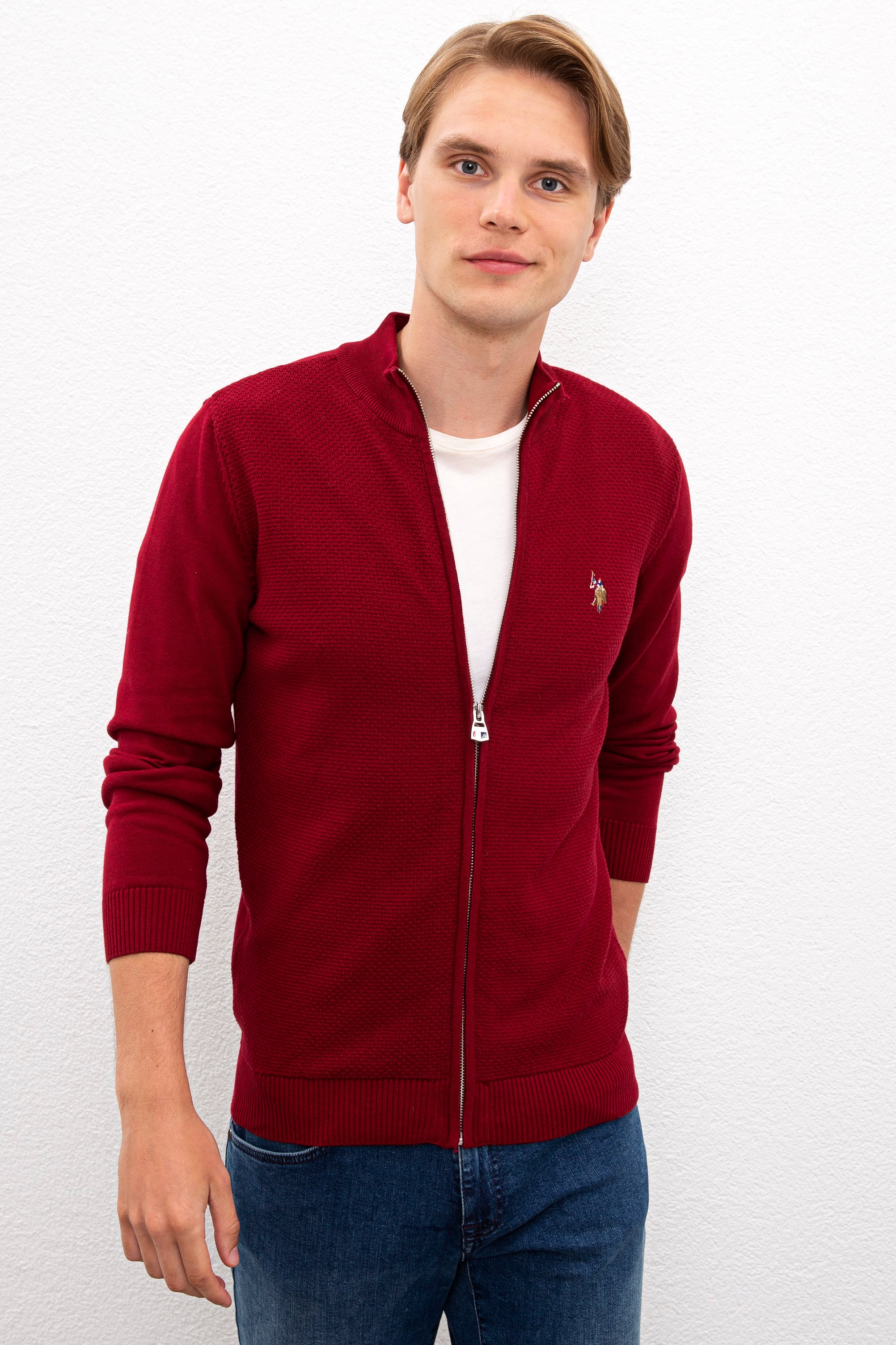 Erkek Bordo  Triko Hırka Basic