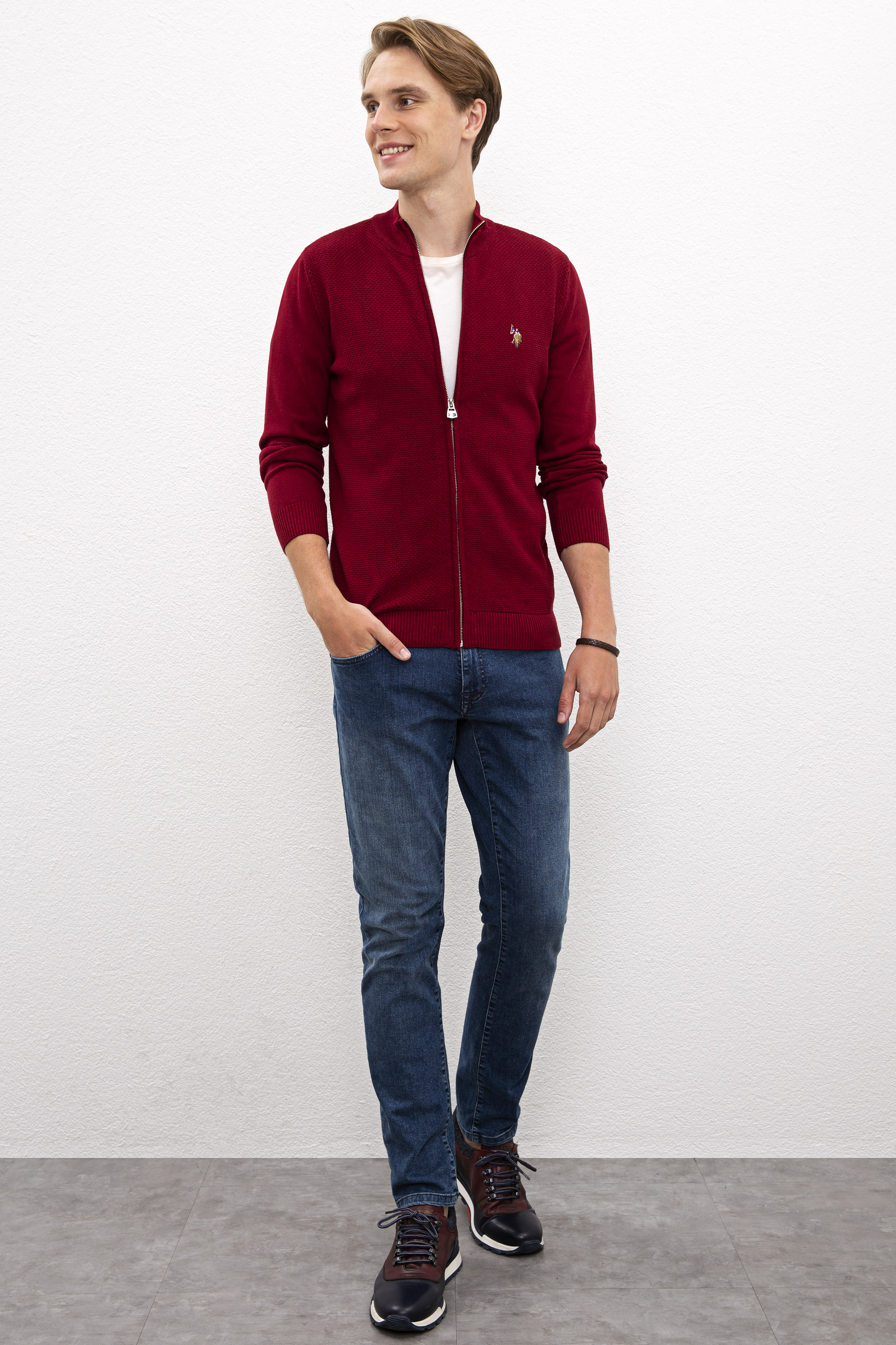 Erkek Bordo  Triko Hırka Basic - Image 4