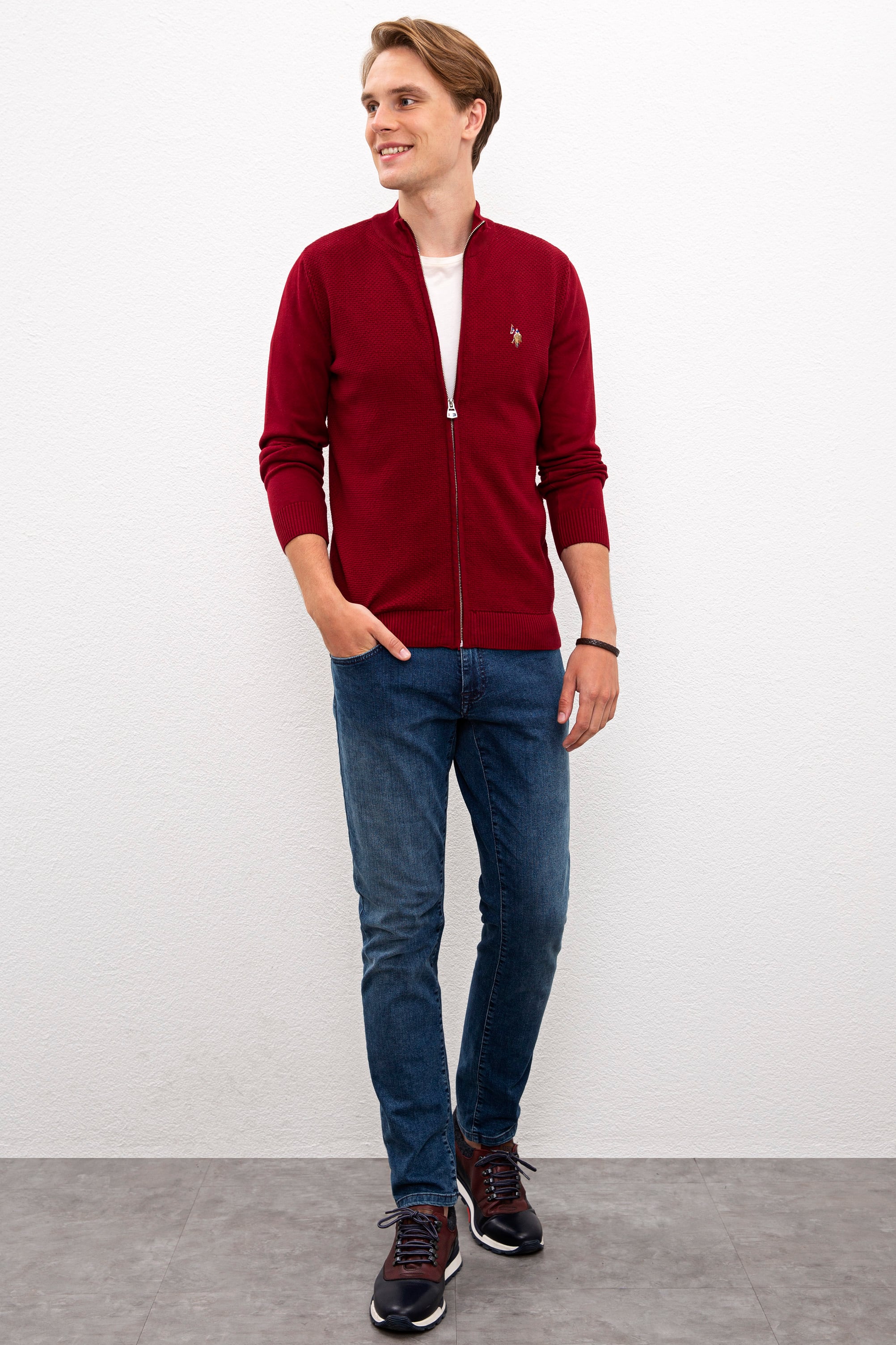 Erkek Bordo  Triko Hırka Basic