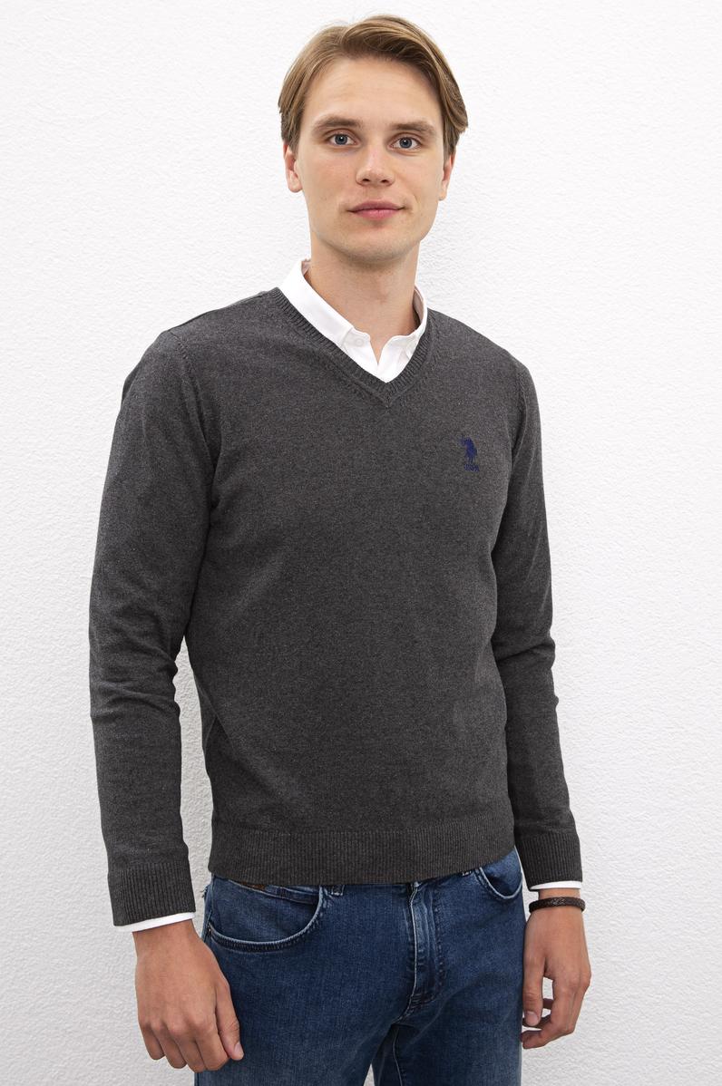 Erkek Antrasit Melanj V-Yaka Triko Kazak Basic