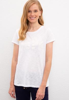 Kadın Beyaz Bisiklet Yaka T-Shirt - 50225789011