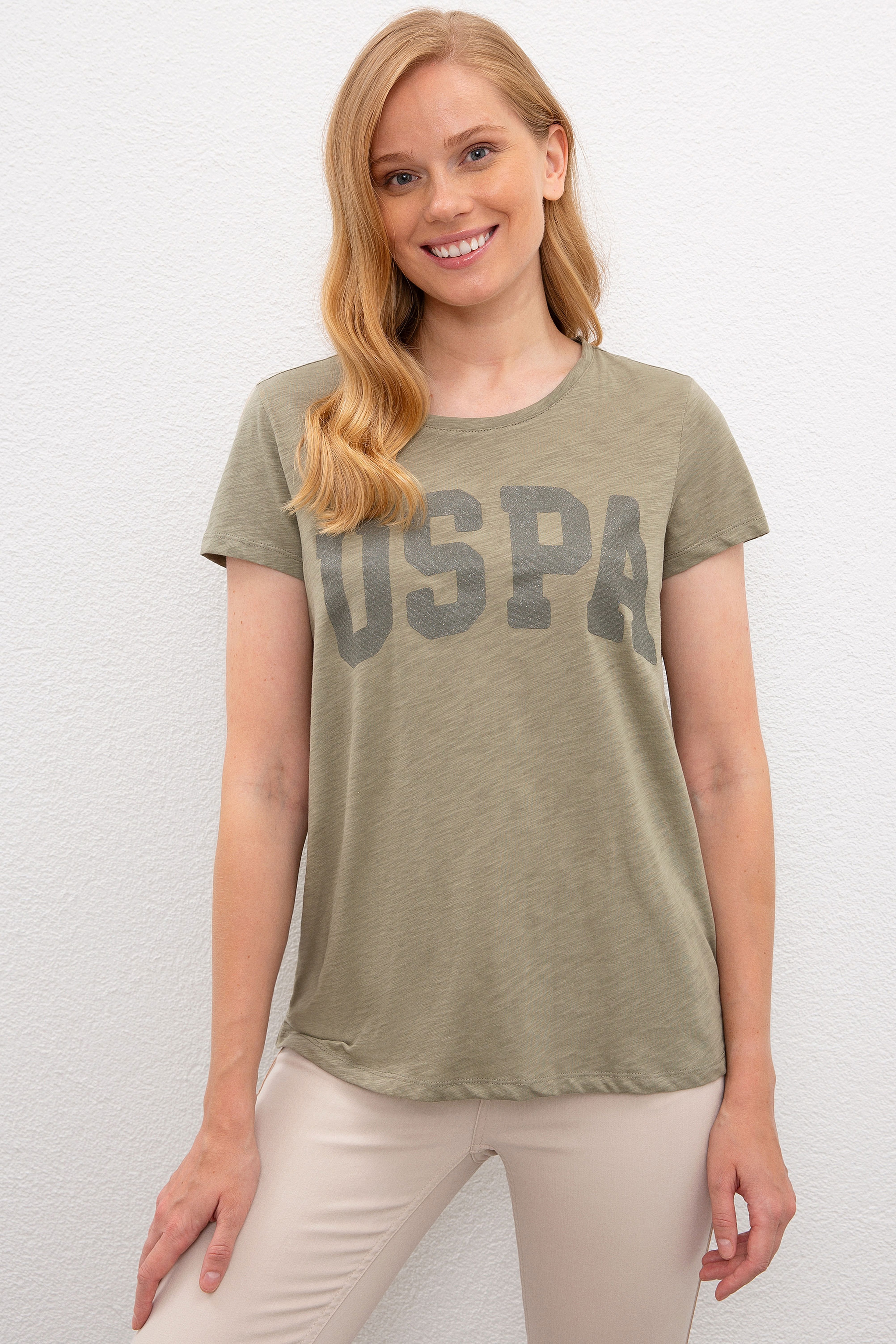 Kadın Haki Bisiklet Yaka T-Shirt