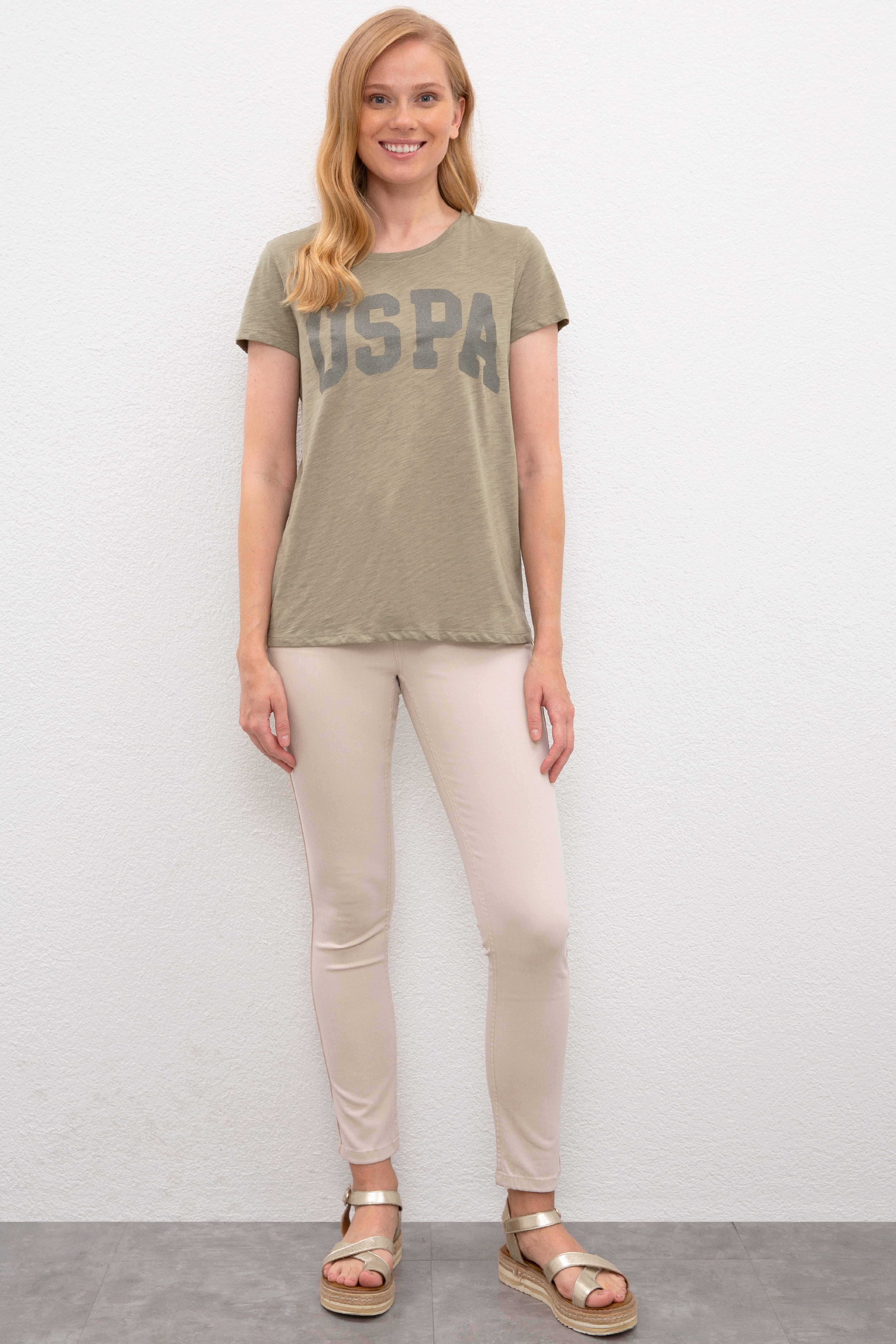 Kadın Haki Bisiklet Yaka T-Shirt - Image 3