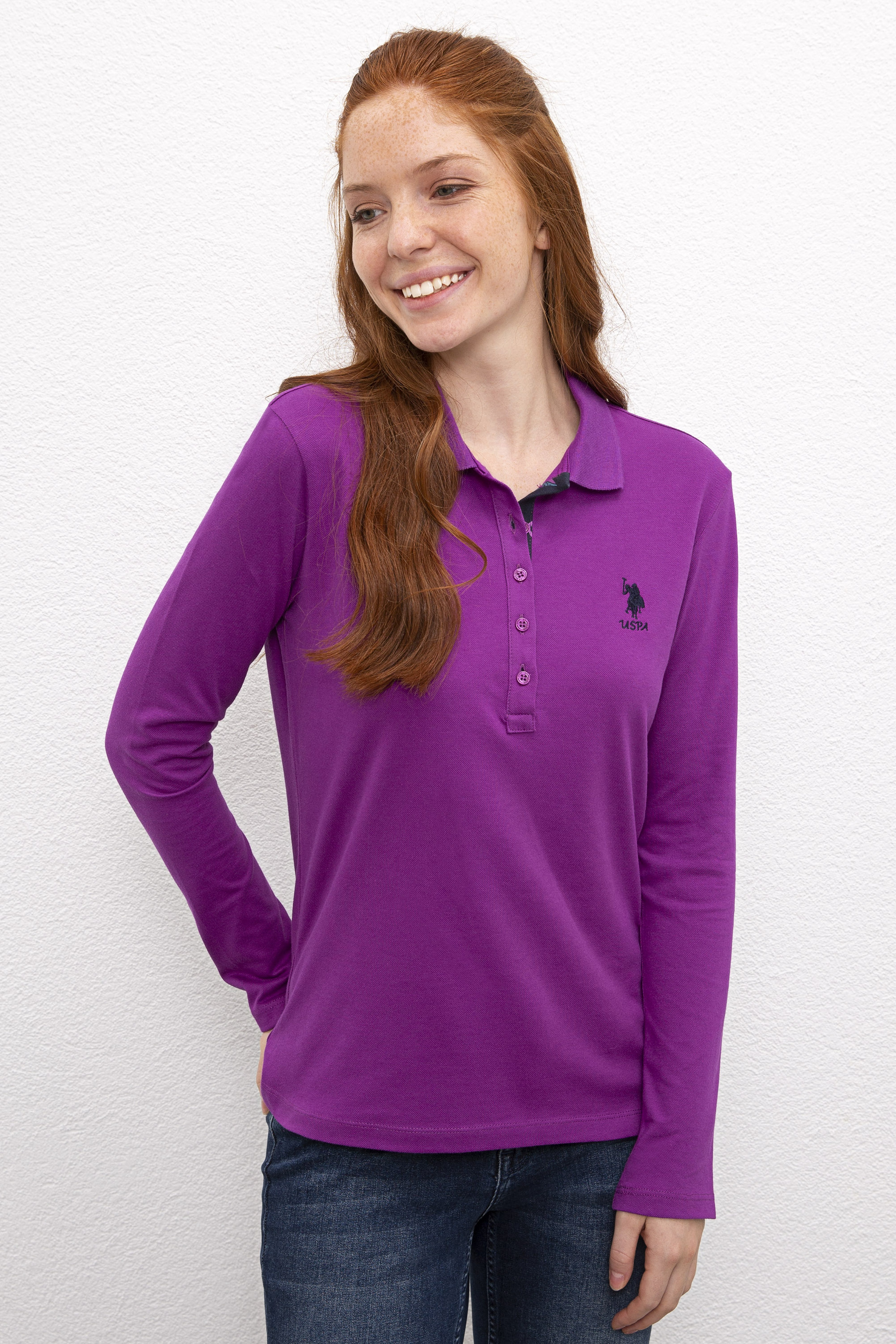 Kadın Menekşe Polo Yaka Basic Sweatshirt - Image 1