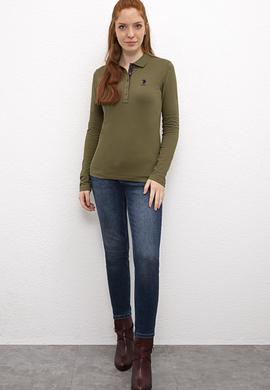 Kadın Koyu Haki Basic Polo Yaka Sweatshirt - 50205969061