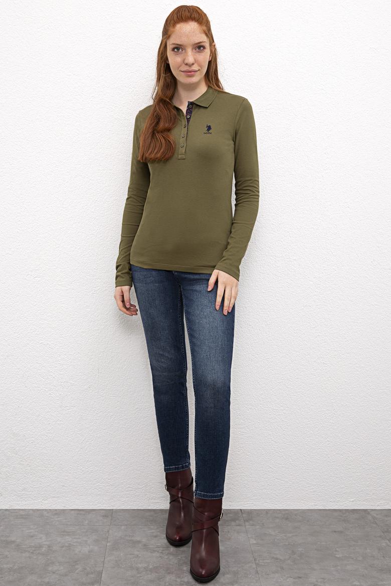 Kadın Koyu Haki Basic Polo Yaka Sweatshirt - 50205969061