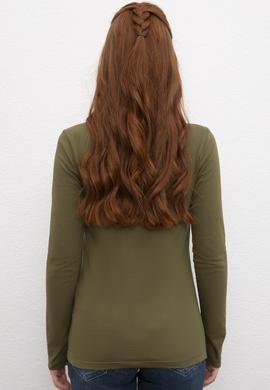 Kadın Koyu Haki Basic Polo Yaka Sweatshirt - 50205969061