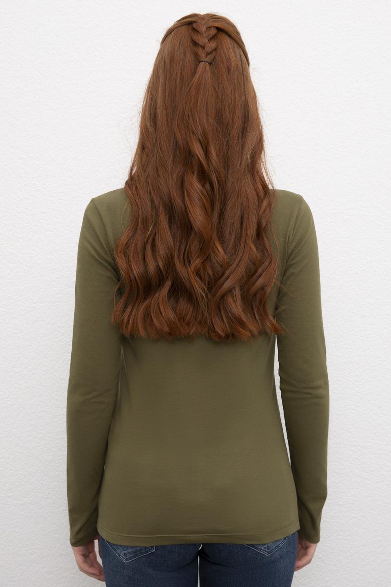 Kadın Koyu Haki Basic Polo Yaka Sweatshirt - 50205969061