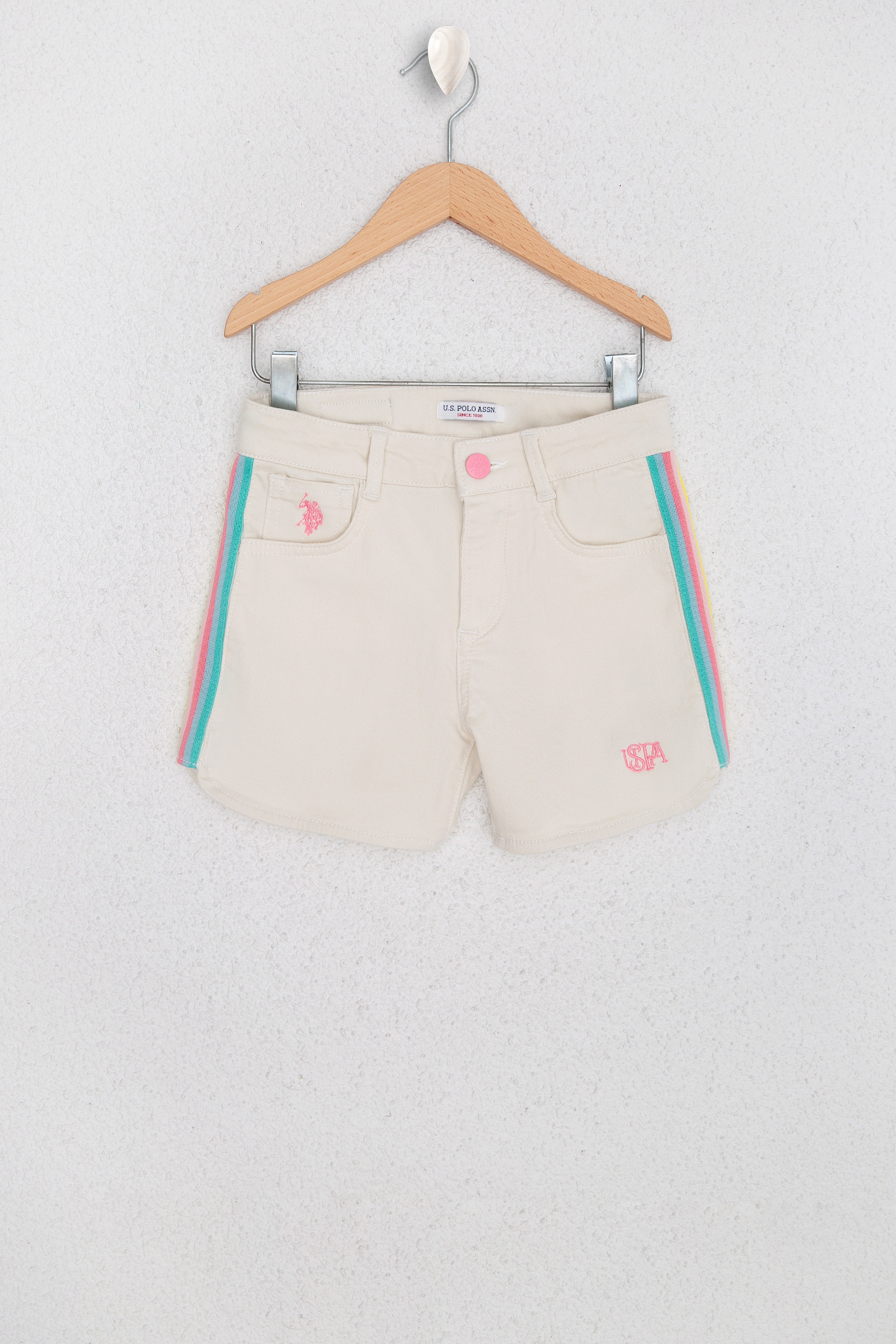 Kız Çocuk Ekru Şeritli Dokuma Bermuda Capri - Image 1