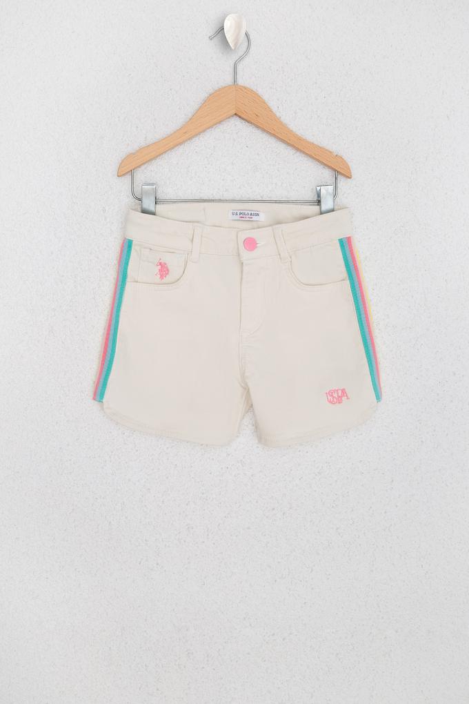 Kız Çocuk Ekru Şeritli Dokuma Bermuda Capri