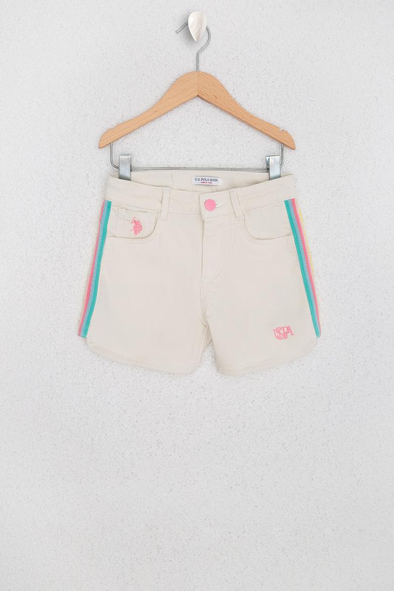 Kız Çocuk Ekru Şeritli Dokuma Bermuda Capri