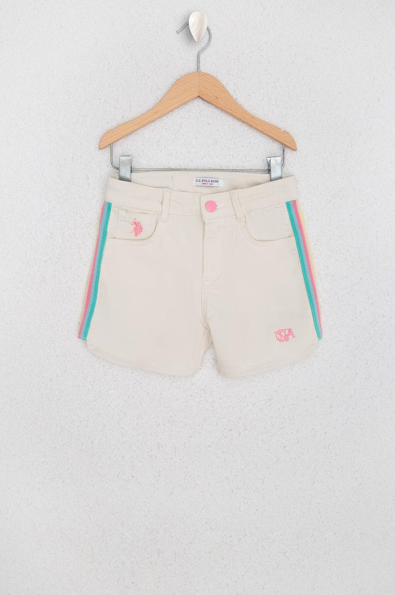 Kız Çocuk Ekru Şeritli Dokuma Bermuda Capri
