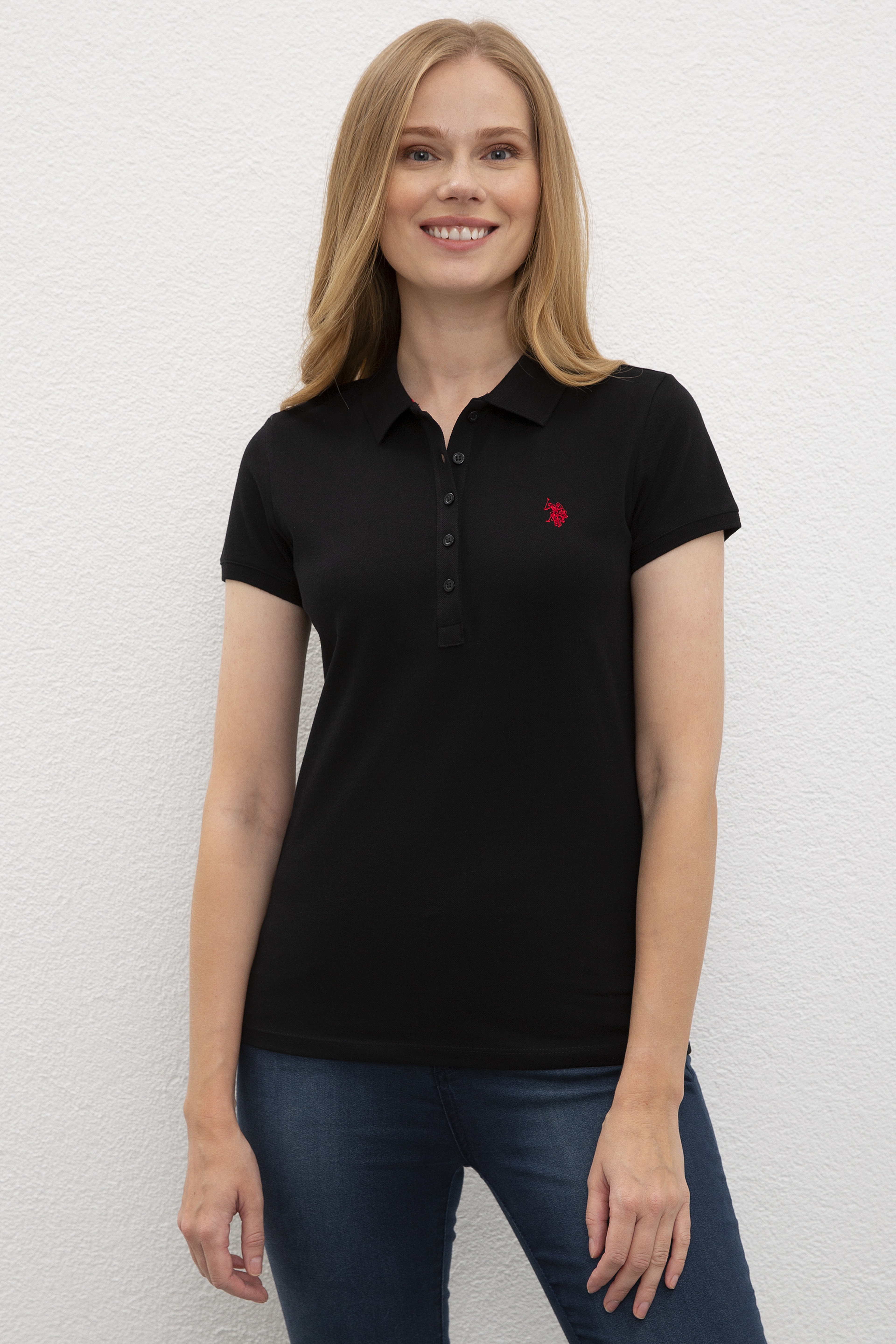 Kadın Siyah Basic Polo Yaka Tişört - Image 1