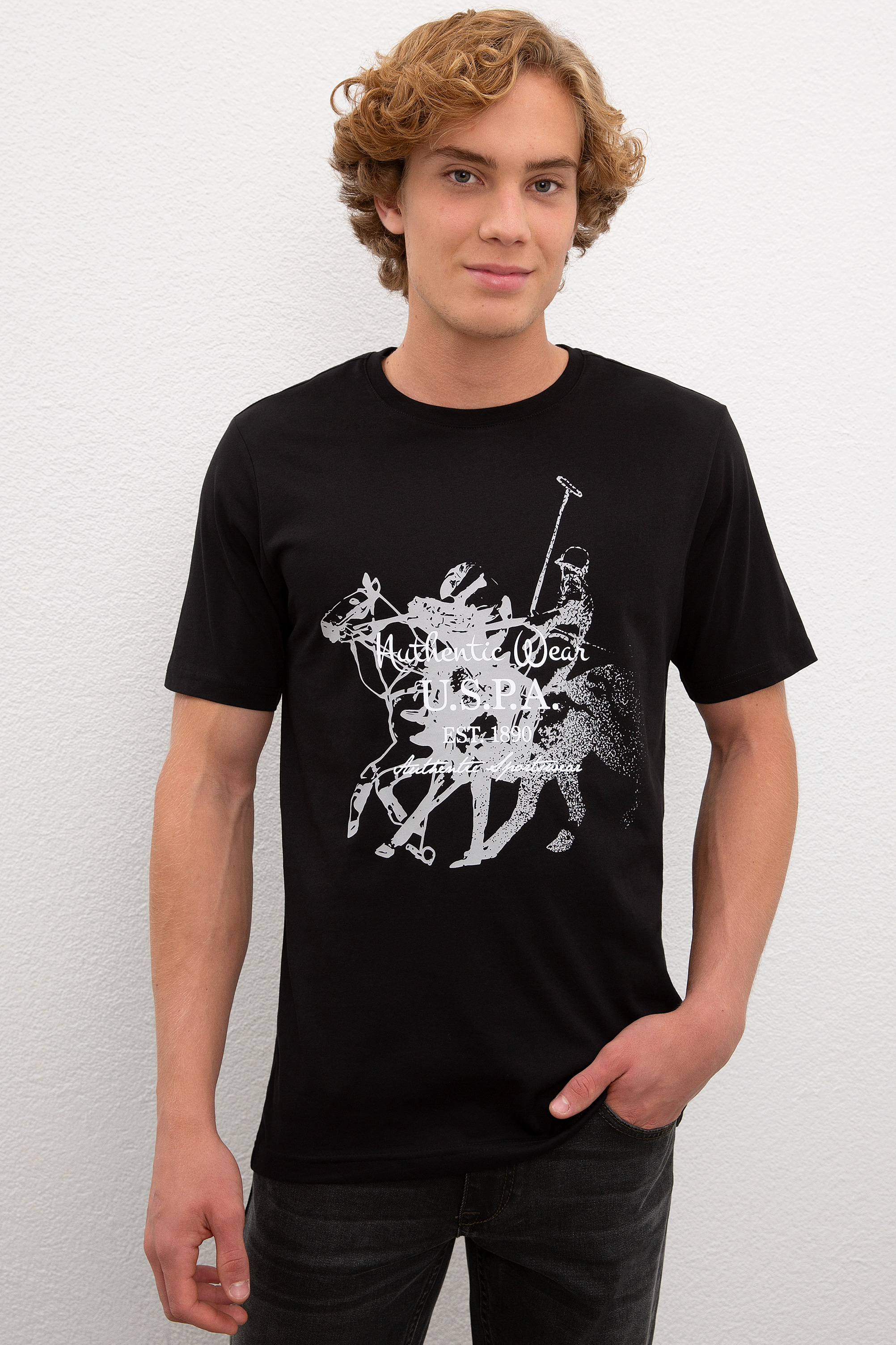 Erkek Siyah Bisiklet Yaka T-Shirt - Image 1