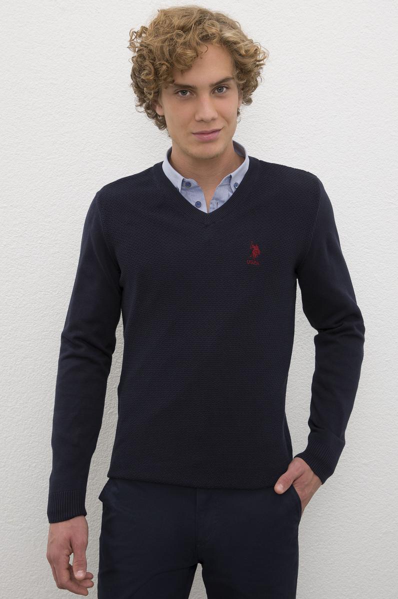 Erkek Lacivert V-Yaka Triko Kazak Basic