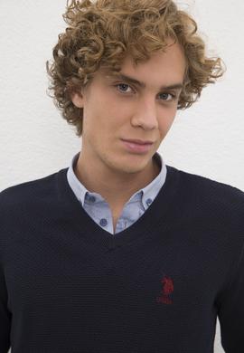 Erkek Lacivert V-Yaka Triko Kazak Basic - 50206685109