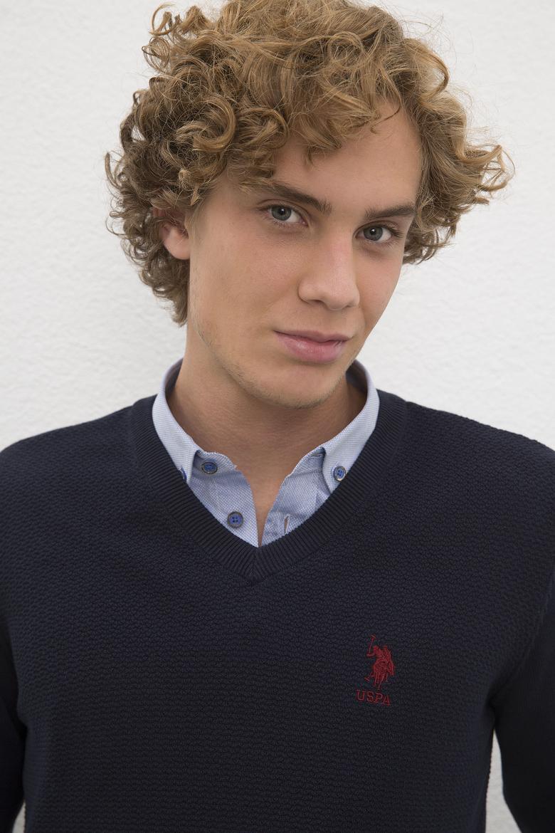 Erkek Lacivert V-Yaka Triko Kazak Basic - 50206685109