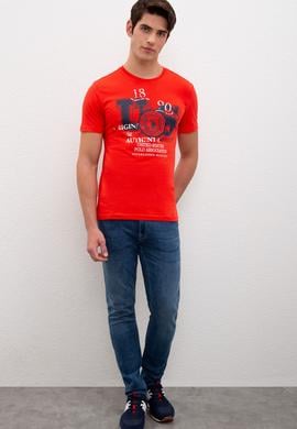 Erkek Açık Kırmızı Bisiklet Yaka T-Shirt - 50217940039