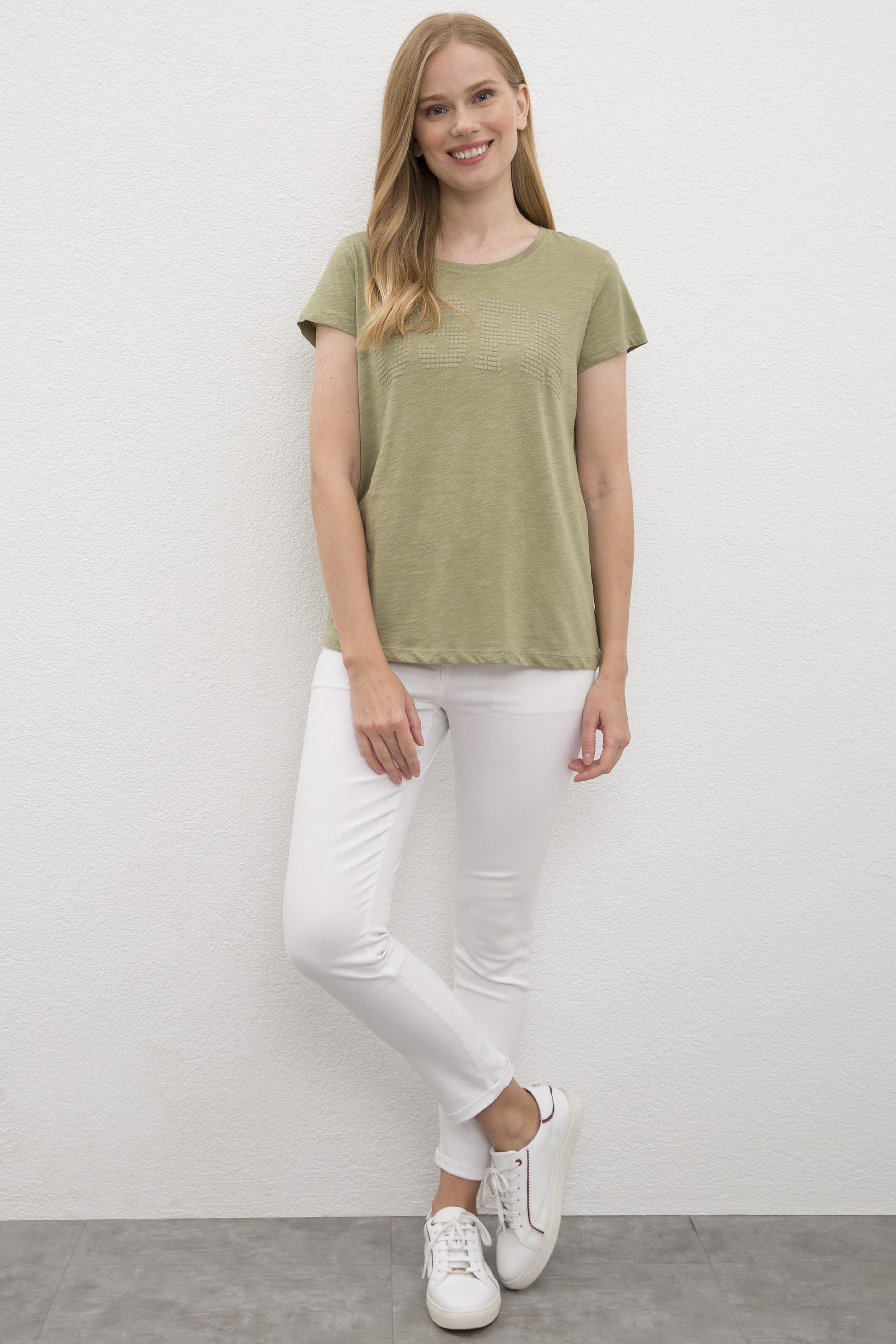 Kadın Haki Bisiklet Yaka T-Shirt - Image 3